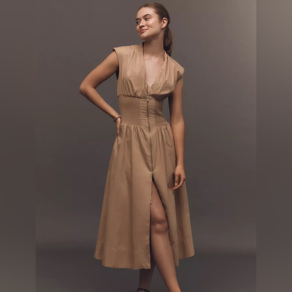 ANTHROPOLOGIE MAEVE SMOCKED-WAIST ZIP-UP SHIRT DRESS